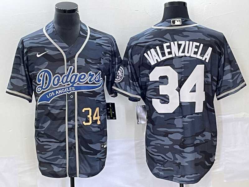Men%27s Los Angeles Dodgers #34 Toro Valenzuela Number Gray Camo Cool Base With Patch Stitched Baseball Jersey->los angeles dodgers->MLB Jersey